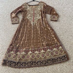 Organza antique gold Pakistani lehenga flared gown